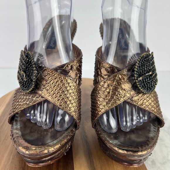 CE FOU SHOO BRONZE Leather Slip On Metal Buckle Platform HIGH HEEL Size 9 - Picture 3 of 11